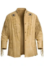vintage sand suede western jacket with lace-up front and fringe sleeves