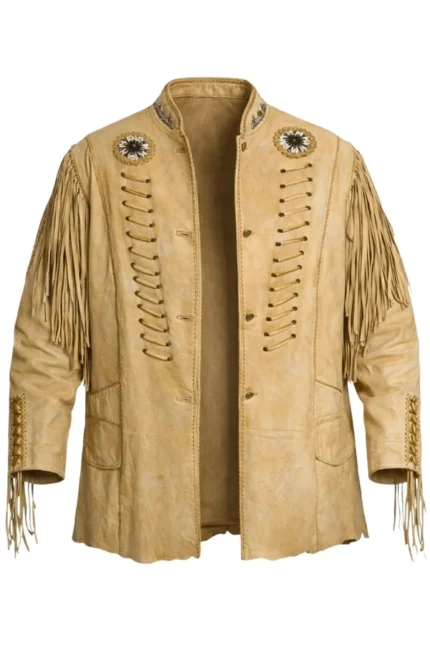 vintage sand suede western jacket with lace-up front and fringe sleeves