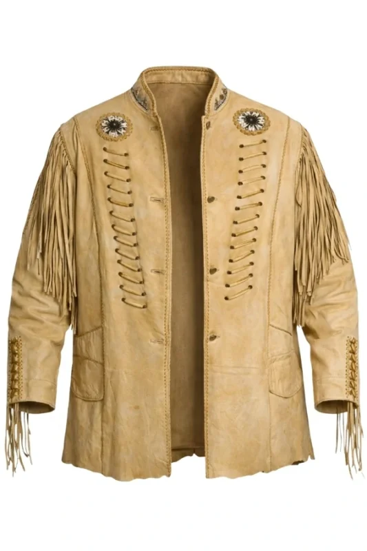 vintage sand suede western jacket with lace-up front and fringe sleeves
