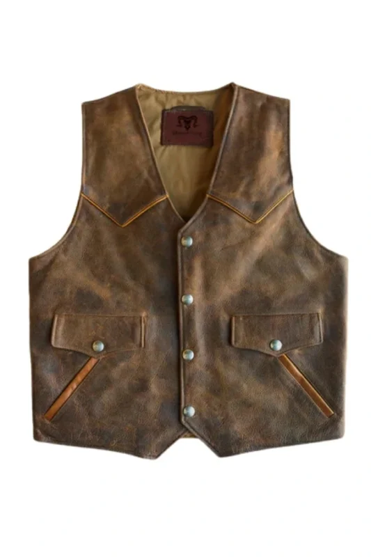 vintage western brown leather vest with snap button closure