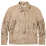 western beige suede jacket with minimal fringe panel and button closure