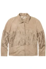 western beige suede jacket with minimal fringe panel and button closure