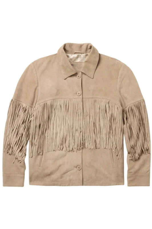western beige suede jacket with minimal fringe panel and button closure