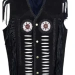 western black suede leather vest with fringe beadwork and bone accents
