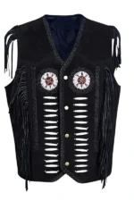 western black suede leather vest with fringe beadwork and bone accents