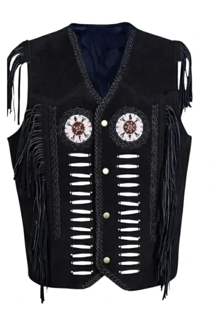 western black suede leather vest with fringe beadwork and bone accents
