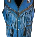 western blue suede leather vest with fringe and contrast trim