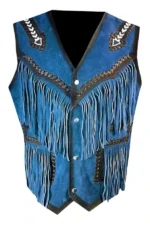 western blue suede leather vest with fringe and contrast trim
