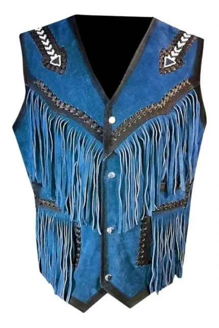 western blue suede leather vest with fringe and contrast trim