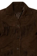 western brown suede jacket with button closure and fringe pocket detailing
