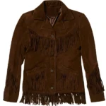 western brown suede jacket with button closure and fringe pocket detailing