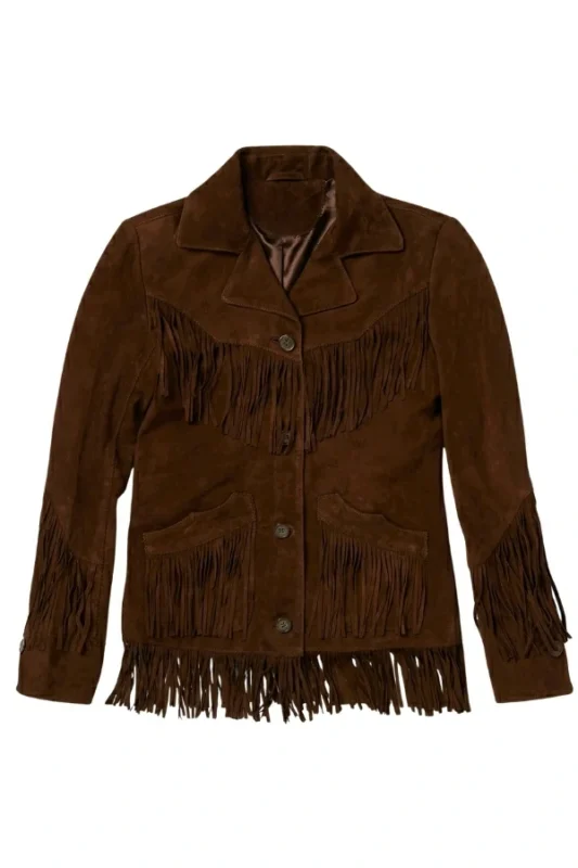 western brown suede jacket with button closure and fringe pocket detailing