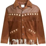 western brown suede jacket with contrast cross stitch panel and fringe hem