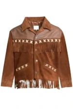 western brown suede jacket with contrast cross stitch panel and fringe hem