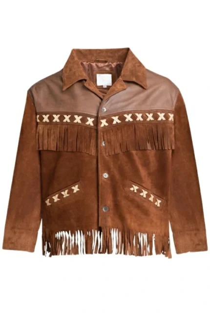 western brown suede jacket with contrast cross stitch panel and fringe hem