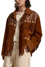 western-brown-suede-jacket-with-contrast-cross-stitch-panel-and-fringe-hem-model