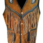western brown suede leather vest with fringe and contrast trim