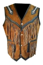 western brown suede leather vest with fringe and contrast trim