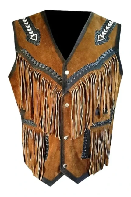 western brown suede leather vest with fringe and contrast trim