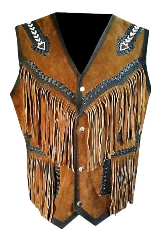 western brown suede leather vest with fringe and contrast trim