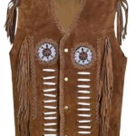 western brown suede leather vest with fringe beadwork and bone accents