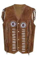 western brown suede leather vest with fringe beadwork and bone accents