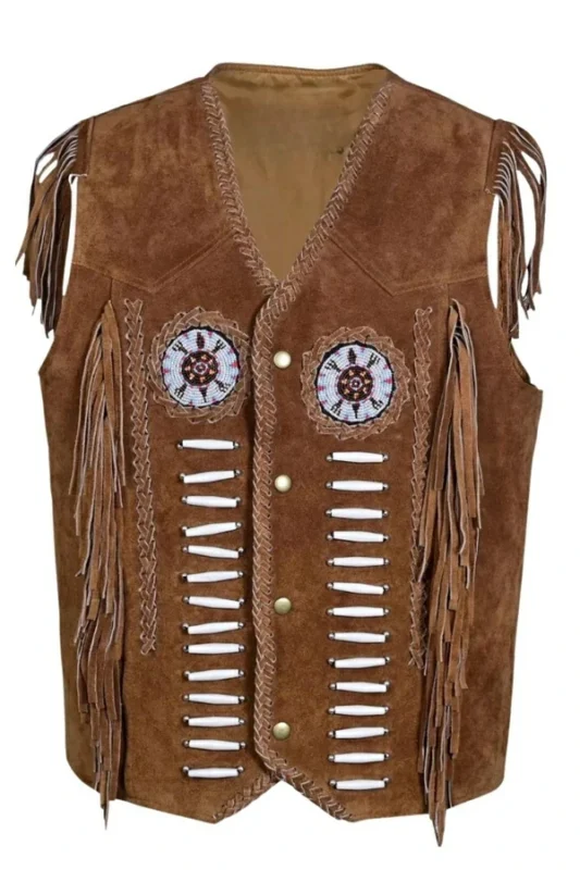 western brown suede leather vest with fringe beadwork and bone accents