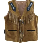 western fringe brown suede leather vest with beaded tie closure
