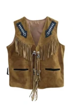 western fringe brown suede leather vest with beaded tie closure