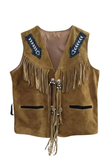 western fringe brown suede leather vest with beaded tie closure