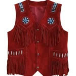 western red suede leather vest with fringe and beaded detailing