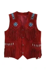 western red suede leather vest with fringe and beaded detailing