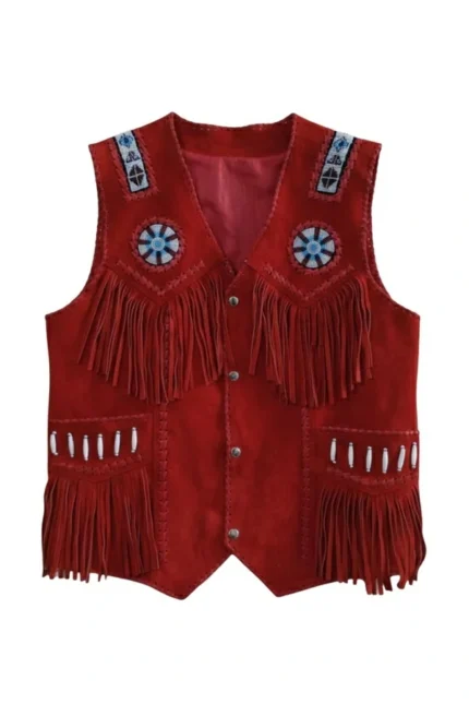 western red suede leather vest with fringe and beaded detailing