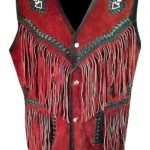 western red suede leather vest with fringe and contrast trim