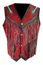 western red suede leather vest with fringe and contrast trim