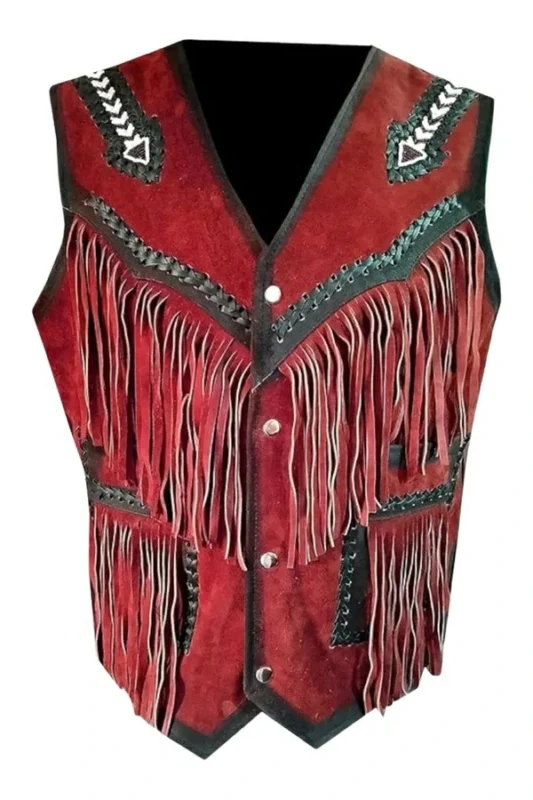 western red suede leather vest with fringe and contrast trim