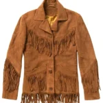 western tan suede jacket with button front and fringe pocket styling
