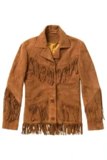 western tan suede jacket with button front and fringe pocket styling