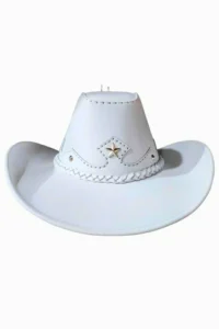 white leather cowboy hat with star accent and braided band detail