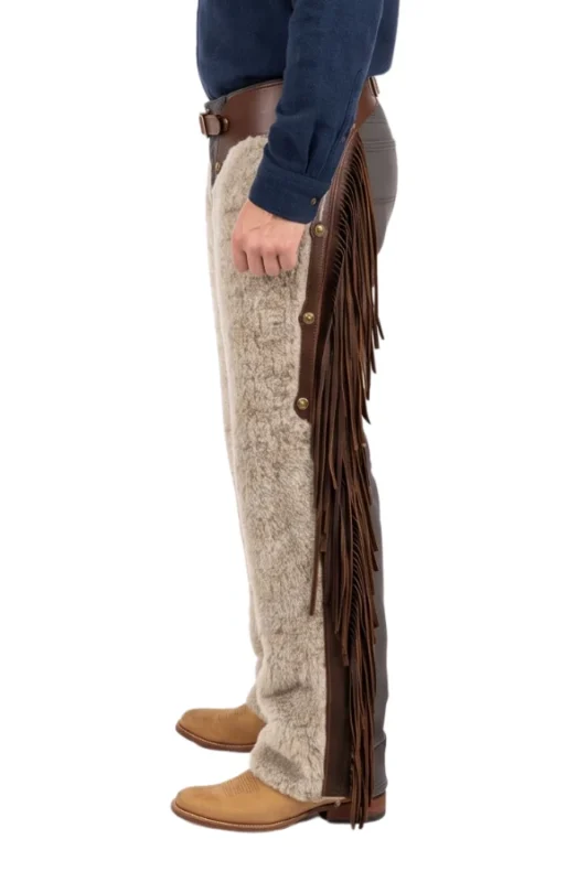 Alpine Cream Woolies Chaps with Leather Fringe Side View