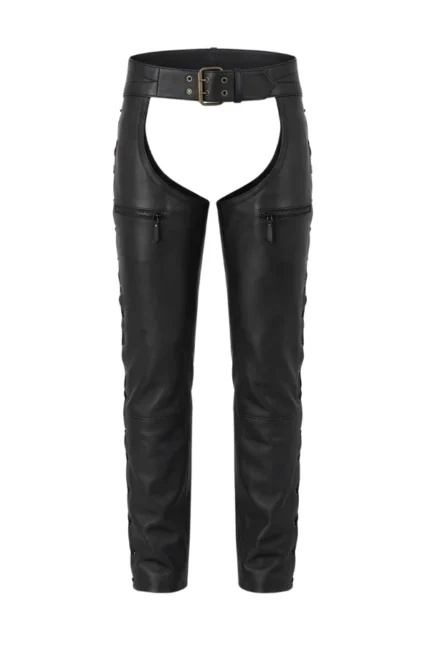 Black Leather Motorcycle Chaps with Side Lacing