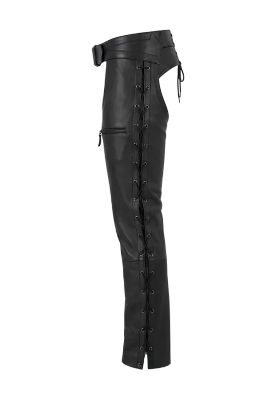 Black Leather Motorcycle Chaps with Side Lacing Side View