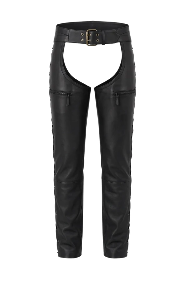 black-leather-motorcycle-chaps-side-lacing Black Leather Motorcycle Chaps with Side Lacing