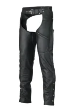Black Leather Motorcycle Chaps with Thigh Pocket