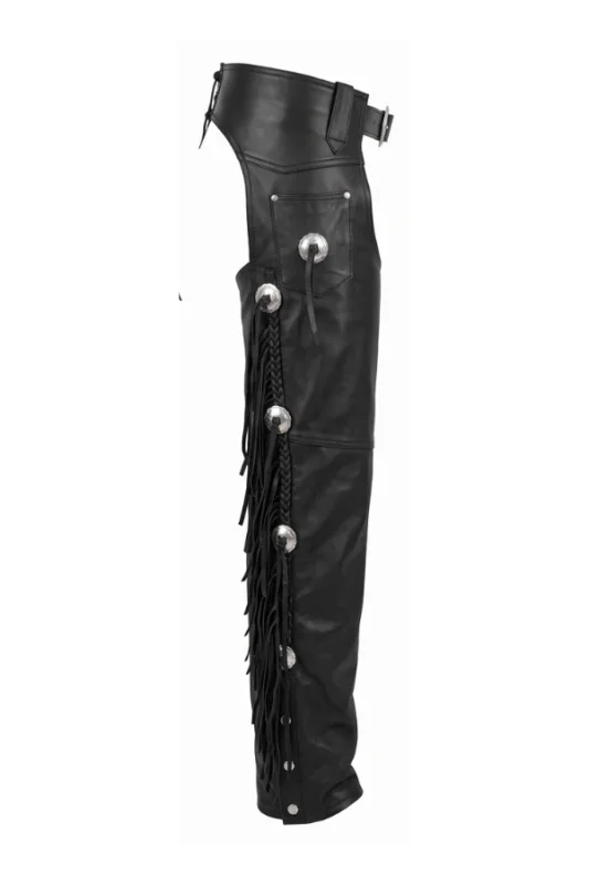 Black Stallion Fringe Leather Motorcycle Chaps Side View