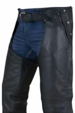 black winter leather chaps closer view