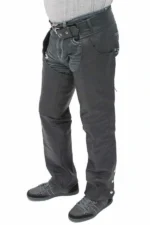 black winter leather motorcycle chaps front