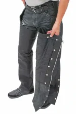 black winter leather motorcycle chaps open