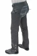 black winter leather motorcycle chaps side