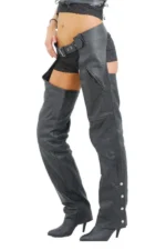 Blackout Edge Women's Black Leather Motorcycle Chaps Worn View